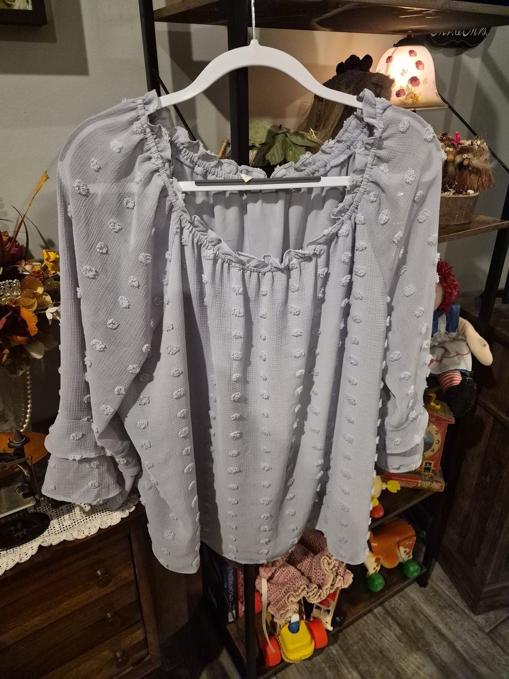 Light Gray Textured Peasant Blouse - Women's Top
